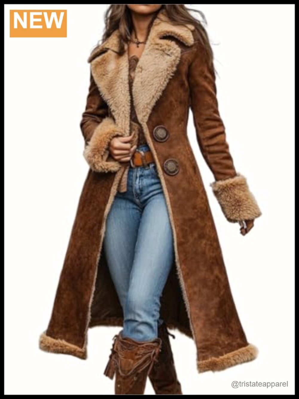 Women's Faux Suede Sherpa Lined Midi Long Winter Trench Coat Fleece Notch Lapel